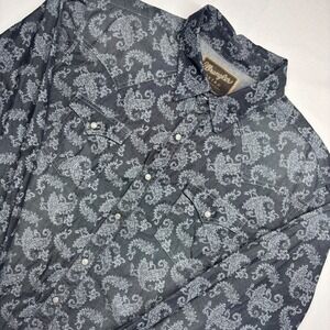 Wrangler Retro Mens XL Paisley Western Pearl Snap Shirt Gray Denim